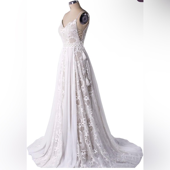 Bohemian Wedding Dress Spaghetti Strap w/ Adjustable Drawstring Lace Bridal Gown - Picture 6 of 7